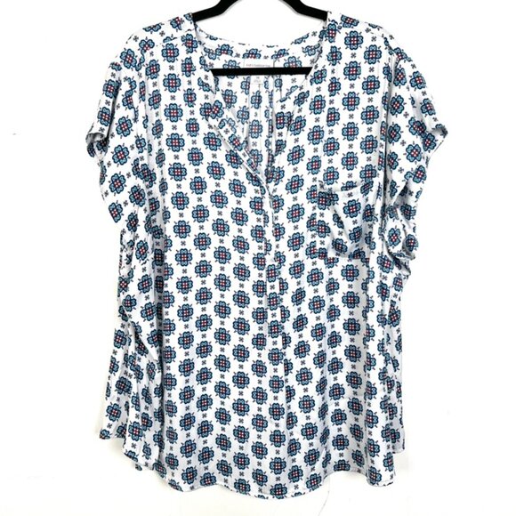 Liz Claiborne Blouse Blue White Print Henley Pocket Chiffon Top 3X - Picture 1 of 4